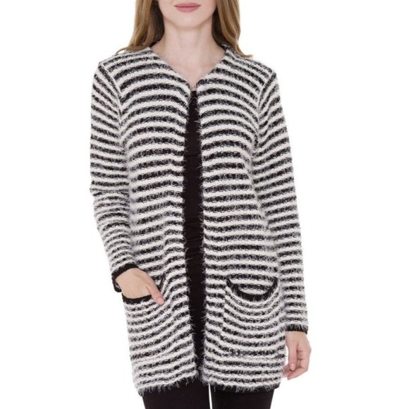 JANICE WOMENS BLACK/WHITE FURRY CLASSY SOFT CARDIGAN W/POCKETS - OS - Picture 1 of 7
